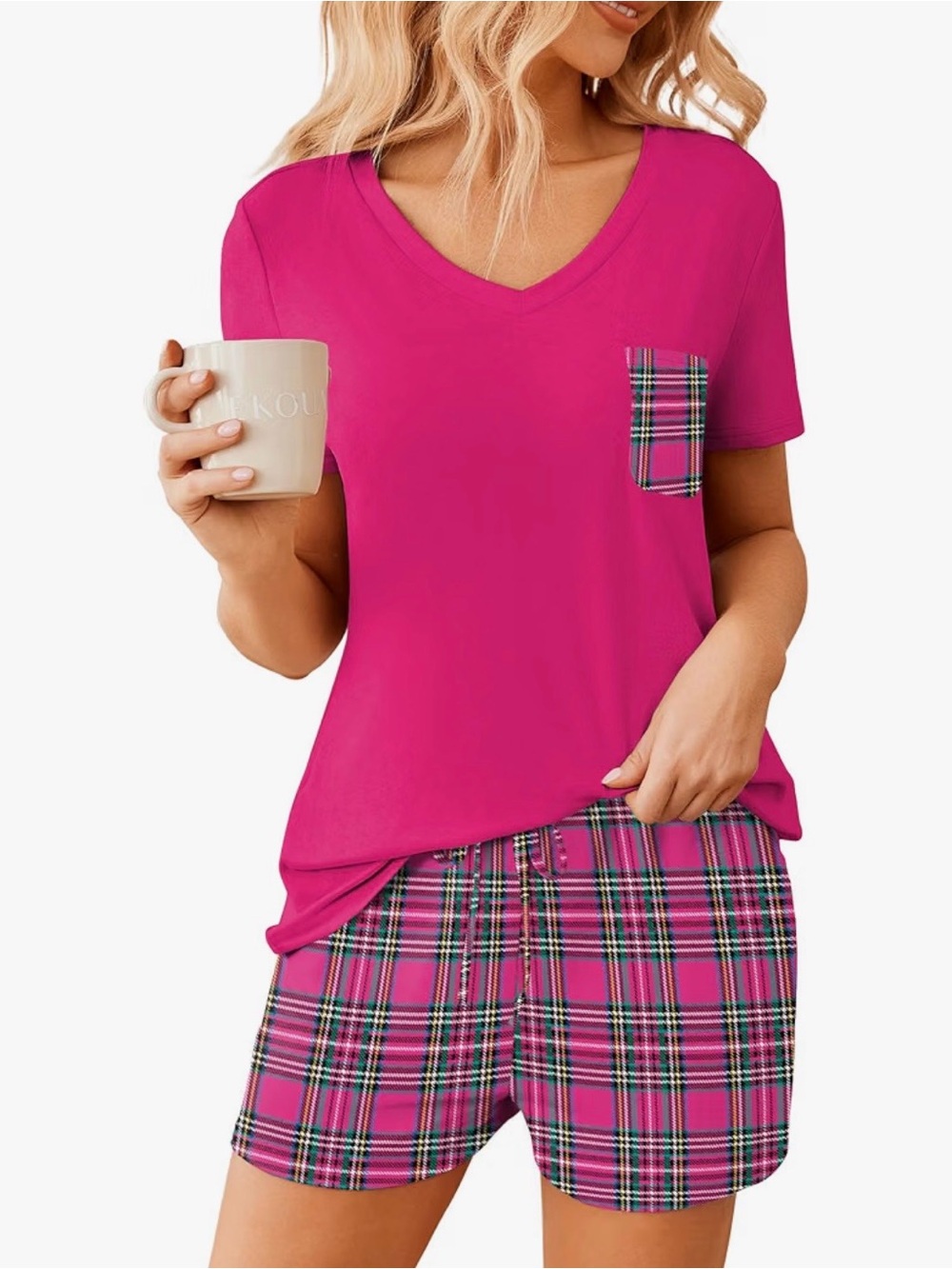 Pajamas 2 piece Women's Fuchsia Plaid Pocket Sleep Set
